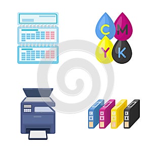 Calendar, drops of paint, cartridge, multifunction printer. Typography set collection icons in cartoon style vector