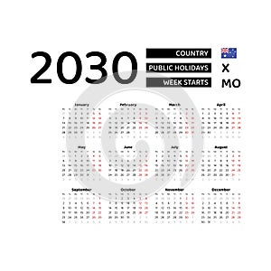 Calendar 2030 English language with Australia public holidays.
