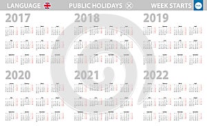 Calendar in English language for year 2017, 2018, 2019, 2020, 2021, 2022. Week starts from Monday