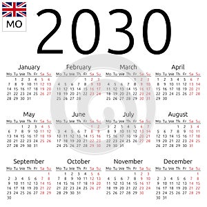 Calendar 2030, English, Monday