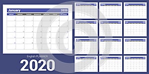 2020calendario.inglés disenador.plantilla.una semana comienza sobre el domingo.la tienda planificación.nuevo calendario.limpiar mínimo 