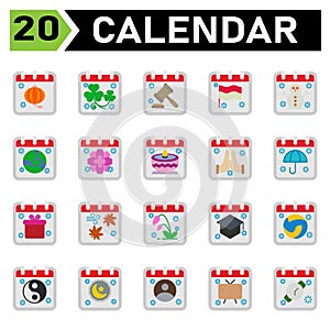 Calendar event icon set include chinese new year, calendar, date, event, st Patrick, day, law, flag, snowman, winter, earth, world