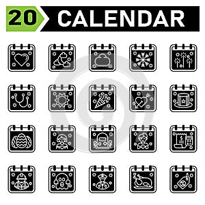 Calendar event icon set include love, hearth, calendar, date, event, islam, moon, cloud, weather, snow, flake, firework, party,