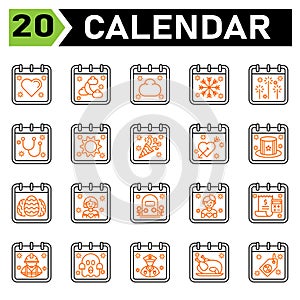 Calendar event icon set include love, hearth, calendar, date, event, islam, moon, cloud, weather, snow, flake, firework, party,