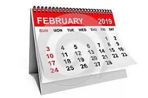 Calendar February 2019. 3d rendering
