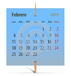 Calendar for February 2019 in Spanish