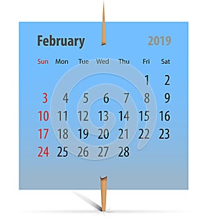 Calendar for February 2019 on toothpick