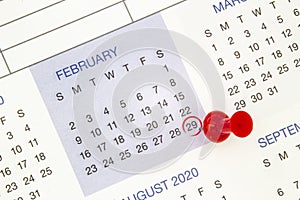 A calendar on February 29 on a leap year, leap day