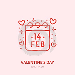 Calendar with february 14 date flat line icon, romantic relationship. Valentines day greeting sign