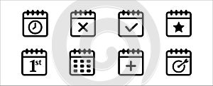 Calendar flat line icon collection. Calendar schedule vector icons set. Time management symbol. Dateline sign. Appointment and