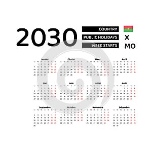 Calendar 2030 French language with Burkina Faso public holidays.