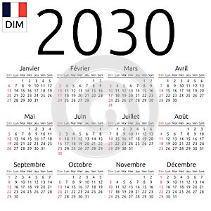 Calendar 2030, French, Sunday