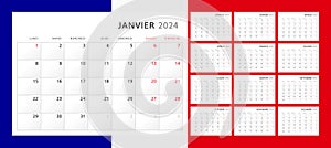 Calendar 2024 in French. Wall quarterly calendar for 2024 in a classic minimalist style. Week starts on Monday. Set of 12 months.