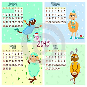 2015 calendar with funny sheep. Winter, spring