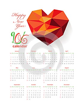 Calendar 2016 with geometrical heart