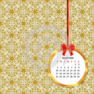 Calendar 2017 in golden circle frame with red bow on vintage decor seamless pattern