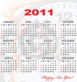 Calendar grid of 2011 year