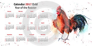 Calendar grid 2017 with hand-drawn watercolor rooster