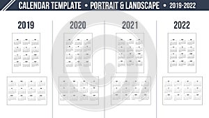 Calendar Grid for 2019-2022 year on white background. Portrait and landscape orientation layout. Vector design print template. Wee