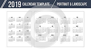 Calendar Grid for 2019 year on white background. Portrait and landscape orientation layout. Vector design print template. Week sta
