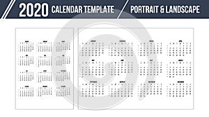 Calendar Grid for 2020 year on white background. Portrait and landscape orientation layout. Vector design print template. Week sta