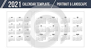 Calendar Grid for 2021 year on white background. Portrait and landscape orientation layout. Vector design print template. Week sta