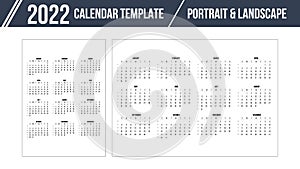 Calendar Grid for 2022 year on white background. Portrait and landscape orientation layout. Vector design print template. Week sta