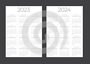 Calendar grid for 2023 and 2024 years. Simple vertical template. Week starts from Sunday.