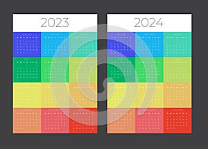 Calendar grid for 2023 and 2024 years. Simple vertical template. Week starts from Sunday.