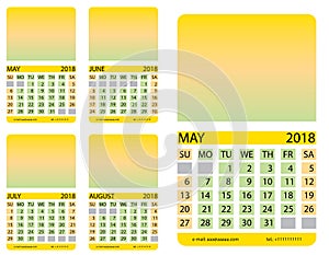 Calendar grid. May. June. July. August