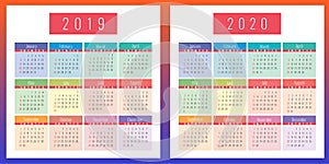 Calendar grid set for 2019 and 2020 years