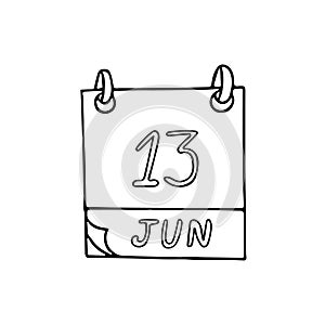 Calendar hand drawn in doodle style. June 13. International Albinism Awareness Day, Sewing Machine, World Wide Knit in Public,
