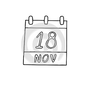 Calendar hand drawn in doodle style. November 18. Geographic Information Systems Day, GIS, date. icon, sticker, element, design.