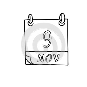 Calendar hand drawn in doodle style. November 9. International Day Against Fascism, Racism and Antisemitism, Global