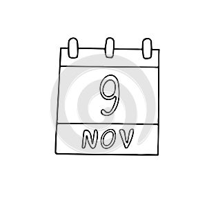 Calendar hand drawn in doodle style. November 9. International Day Against Fascism, Racism and Antisemitism, Global Leasing, date