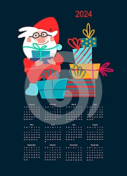 Calendar 2024 with hand drawn Santas with gifts