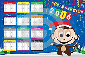 Calendar Happy New Year 2016 Party Card and Monkey on blue background.