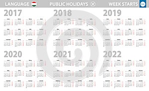 Calendar in Hungarian language for year 2017, 2018, 2019, 2020, 2021, 2022. Week starts from Monday