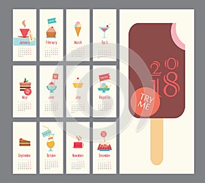 Calendar 2018, ice cream set, flat design, dessert icons