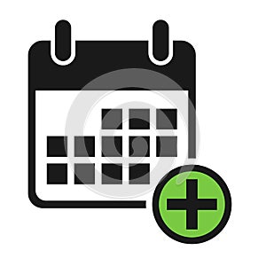 Calendar icon add, date event symbol isolated on white background. Vector web button