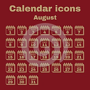 The calendar icon. August symbol. Flat