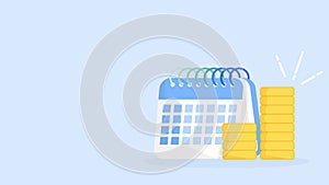 Calendar icon with coins vector illustration isolated on blue background. Saving, investment in future or save money or open a