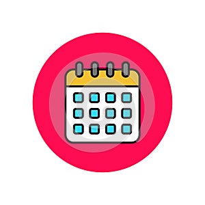 A calendar icon with a colorful design in a red circle shape