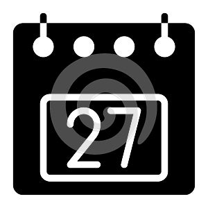 Calendar icon, date 27 design solid style vector illustration. Flat design style, black color. can be used for website, app mobile