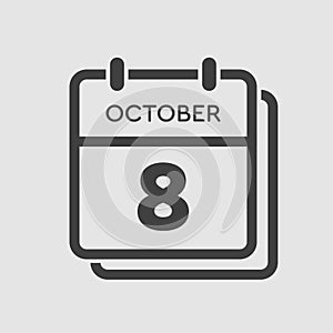 Calendar icon day 8 October, template icon date