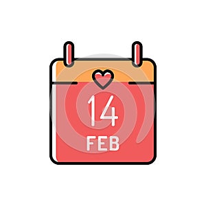 Calendar icon 14 February Valentines day. Love colorful symbol. Line art design, Vector icon