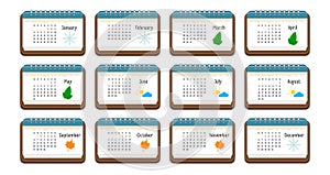 Calendar icon with the name of months, weekdays, weeks, and color picture for each month,