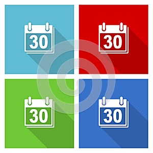 Calendar icon set, flat design vector illustration in eps 10 for webdesign and mobile applications in four color options