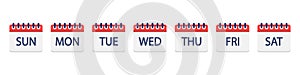 Calendar icons. Calendar with week days. Set of calender icons with seven days week. Graphic pictogram for daily schedule,