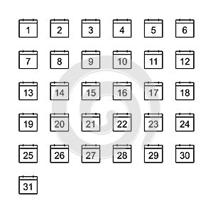 Calendar icons set. Days 1 to 31. Black line date symbols for web design, user interface, events, appointments, meetings.